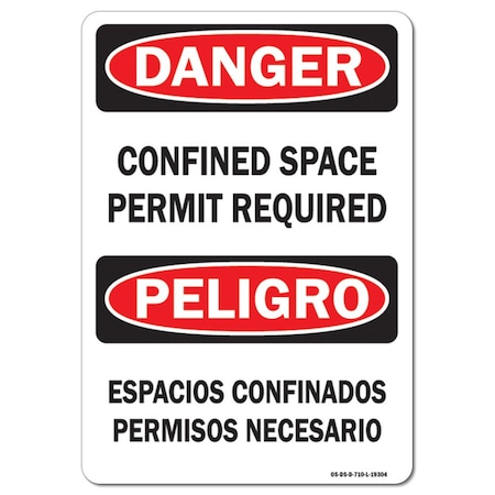 OSHA Danger Decal, Confined Space Permit Required Bilingual, 5in X 3.5in Decal